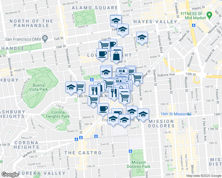 map of restaurants, bars, coffee shops, grocery stores, and more near 44 Sanchez Street in San Francisco