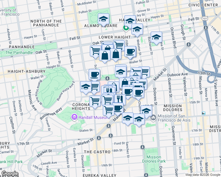 map of restaurants, bars, coffee shops, grocery stores, and more near in San Francisco