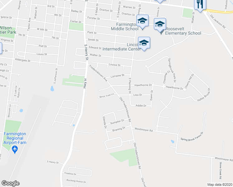 map of restaurants, bars, coffee shops, grocery stores, and more near 100 Hawthorne Drive in Farmington