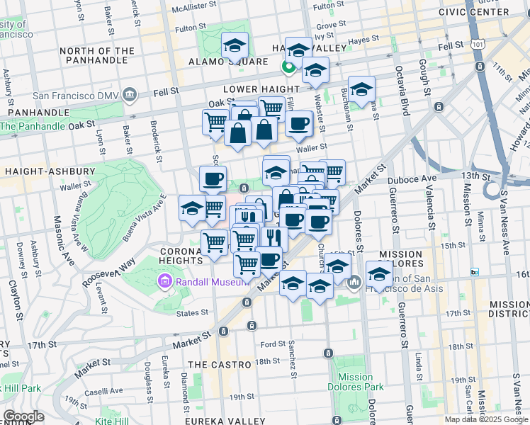 map of restaurants, bars, coffee shops, grocery stores, and more near 67 Walter Street in San Francisco