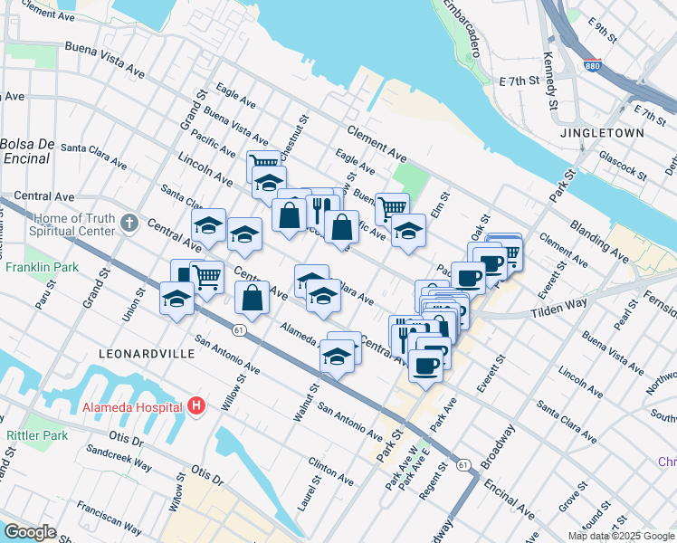 map of restaurants, bars, coffee shops, grocery stores, and more near 2133 Santa Clara Avenue in Alameda