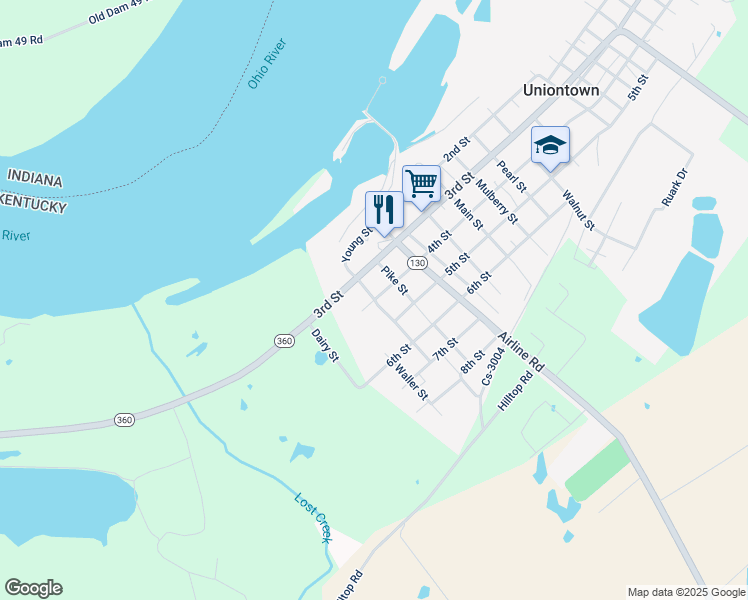 map of restaurants, bars, coffee shops, grocery stores, and more near 300 Young Street in Uniontown
