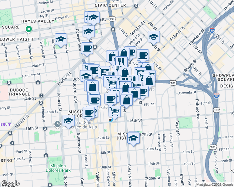 map of restaurants, bars, coffee shops, grocery stores, and more near 288-292 South Van Ness Avenue in San Francisco