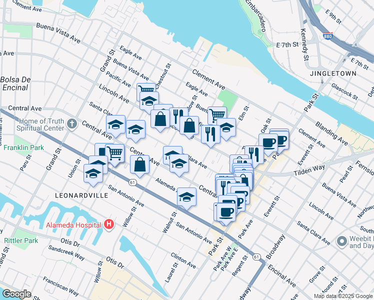 map of restaurants, bars, coffee shops, grocery stores, and more near 2133 Santa Clara Avenue in Alameda