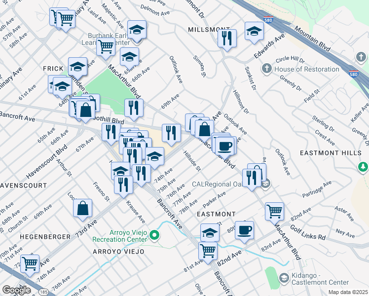 map of restaurants, bars, coffee shops, grocery stores, and more near 2700 73rd Avenue in Oakland