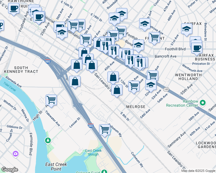 map of restaurants, bars, coffee shops, grocery stores, and more near San Leandro Street & 47th Avenue in Oakland