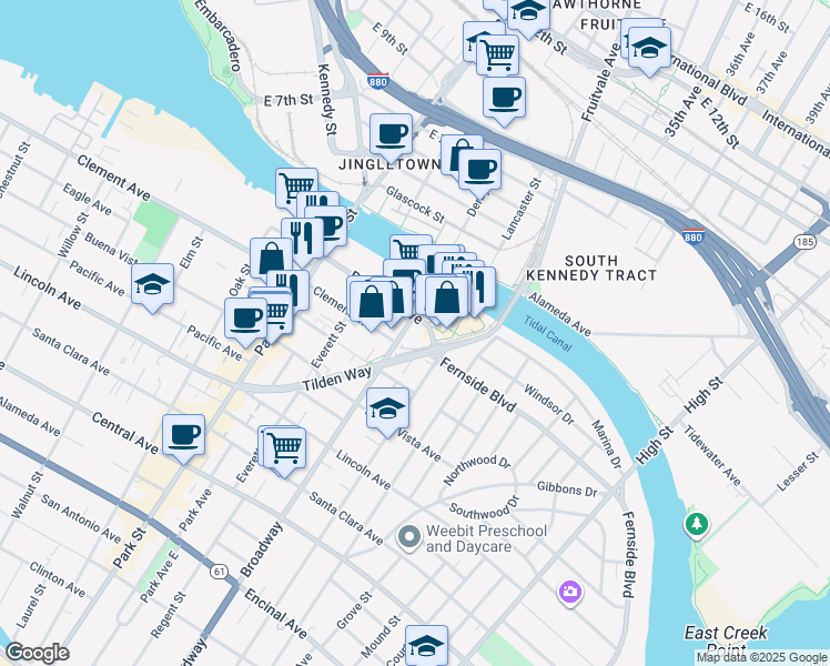 map of restaurants, bars, coffee shops, grocery stores, and more near 2601 Blanding Avenue in Alameda