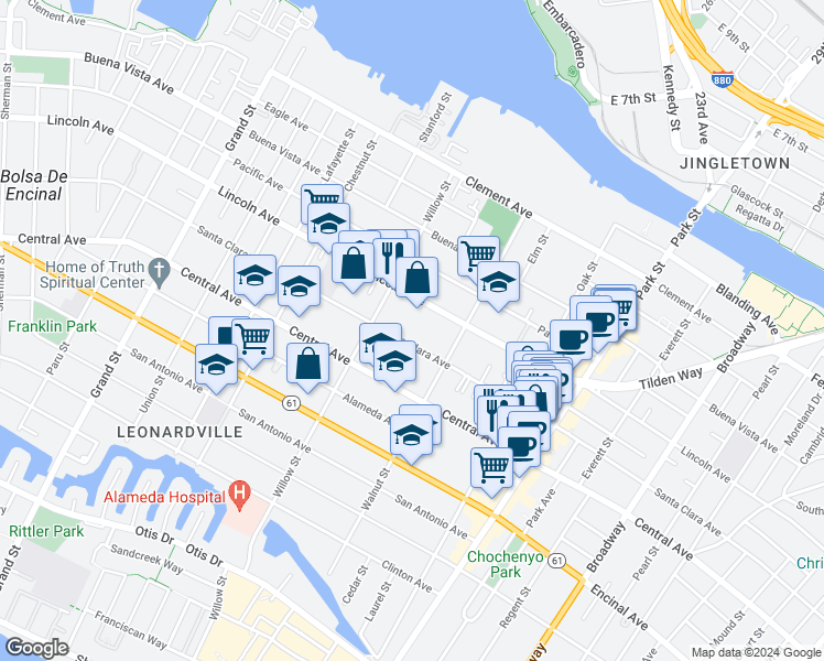 map of restaurants, bars, coffee shops, grocery stores, and more near 2136 Lincoln Avenue in Alameda