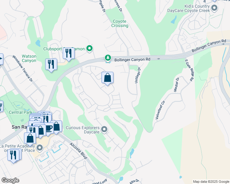 map of restaurants, bars, coffee shops, grocery stores, and more near 128 Eastridge Drive in San Ramon