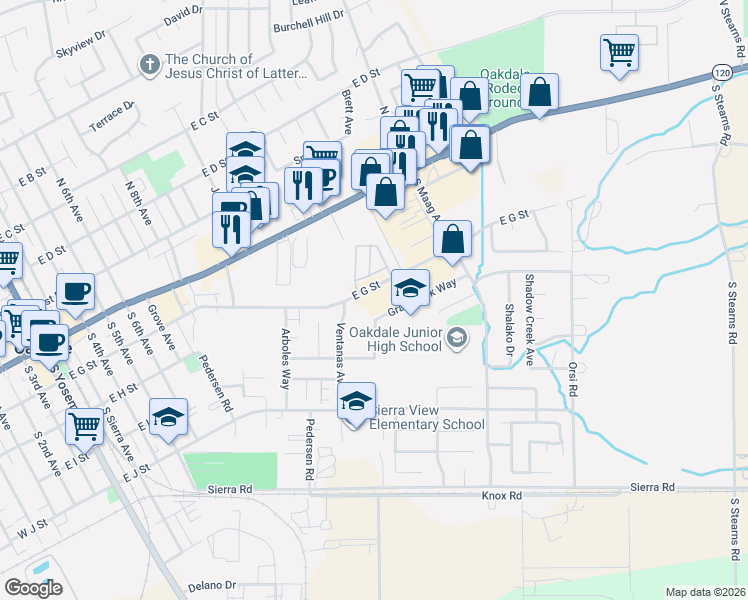 map of restaurants, bars, coffee shops, grocery stores, and more near 1351 East G Street in Oakdale
