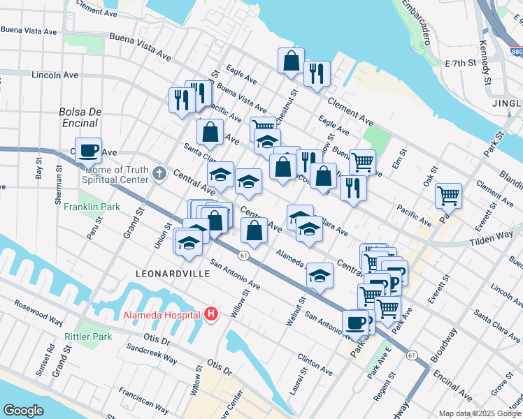 map of restaurants, bars, coffee shops, grocery stores, and more near 2035 Central Avenue in Alameda