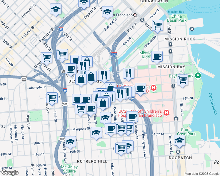 map of restaurants, bars, coffee shops, grocery stores, and more near 1140 7th Street in San Francisco