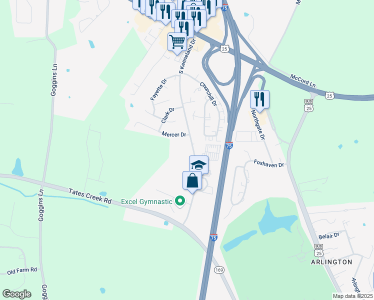 map of restaurants, bars, coffee shops, grocery stores, and more near 550 South Keeneland Drive in Richmond