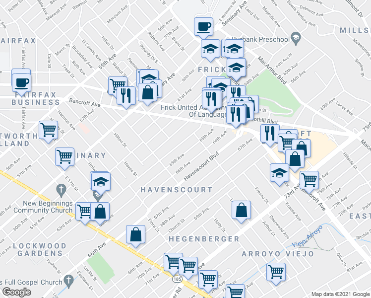 map of restaurants, bars, coffee shops, grocery stores, and more near 2512 64th Avenue in Oakland