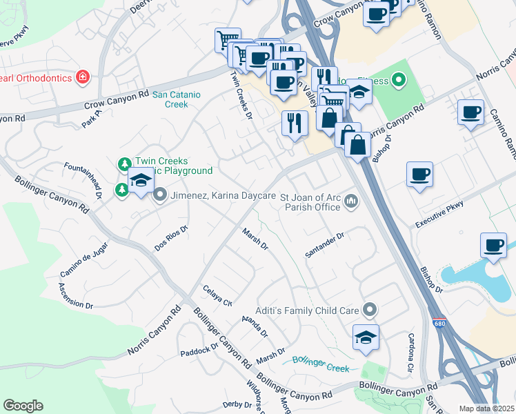map of restaurants, bars, coffee shops, grocery stores, and more near 3755 Norris Canyon Road in San Ramon