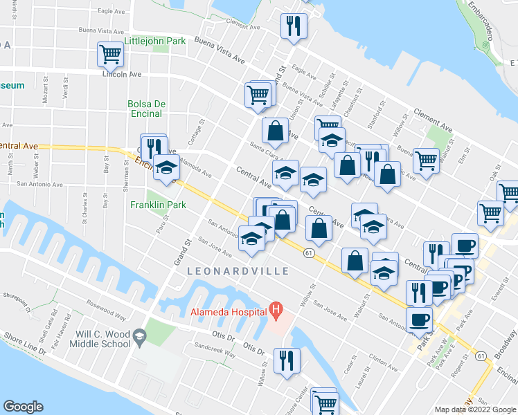map of restaurants, bars, coffee shops, grocery stores, and more near 1814 Alameda Avenue in Alameda
