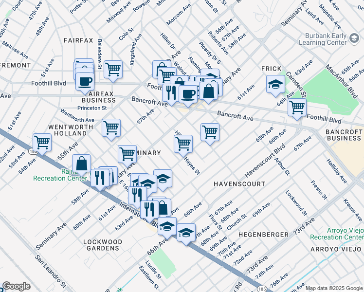 map of restaurants, bars, coffee shops, grocery stores, and more near 5947 Hilton Street in Oakland