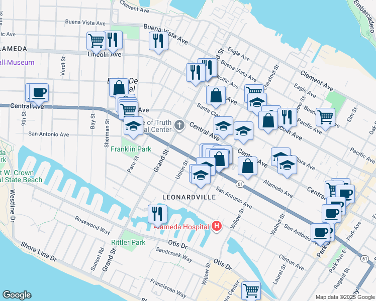 map of restaurants, bars, coffee shops, grocery stores, and more near 1207 Union Street in Alameda