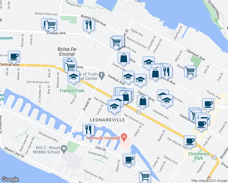 map of restaurants, bars, coffee shops, grocery stores, and more near 1810 Alameda Avenue in Alameda
