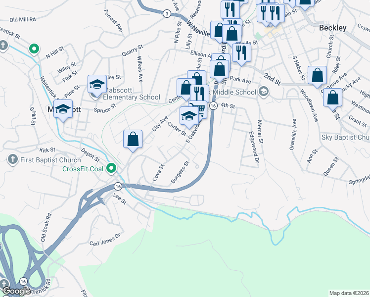 map of restaurants, bars, coffee shops, grocery stores, and more near 109 Pershing Street in Beckley