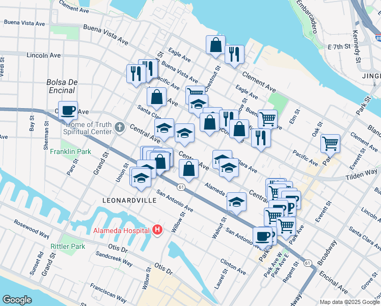 map of restaurants, bars, coffee shops, grocery stores, and more near 2029 Central Avenue in Alameda