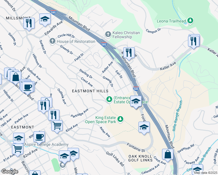 map of restaurants, bars, coffee shops, grocery stores, and more near 8016 Greenly Drive in Oakland
