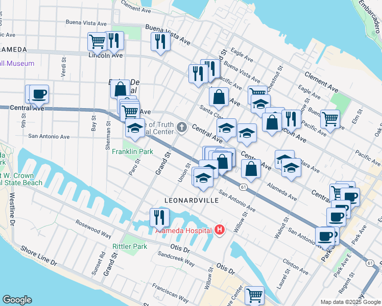 map of restaurants, bars, coffee shops, grocery stores, and more near 1207 Union Street in Alameda