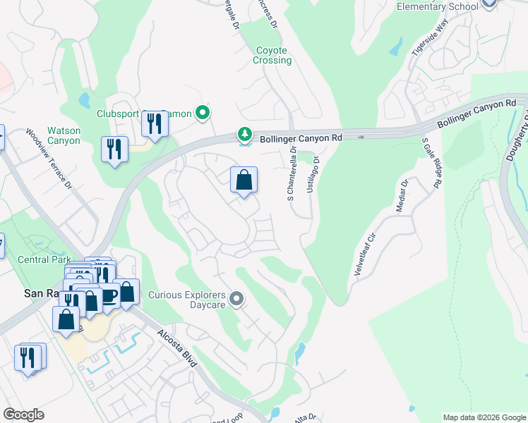 map of restaurants, bars, coffee shops, grocery stores, and more near 160 Eastridge Drive in San Ramon