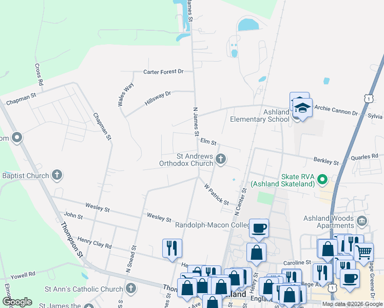 map of restaurants, bars, coffee shops, grocery stores, and more near 106 North Macon Terrace in Ashland
