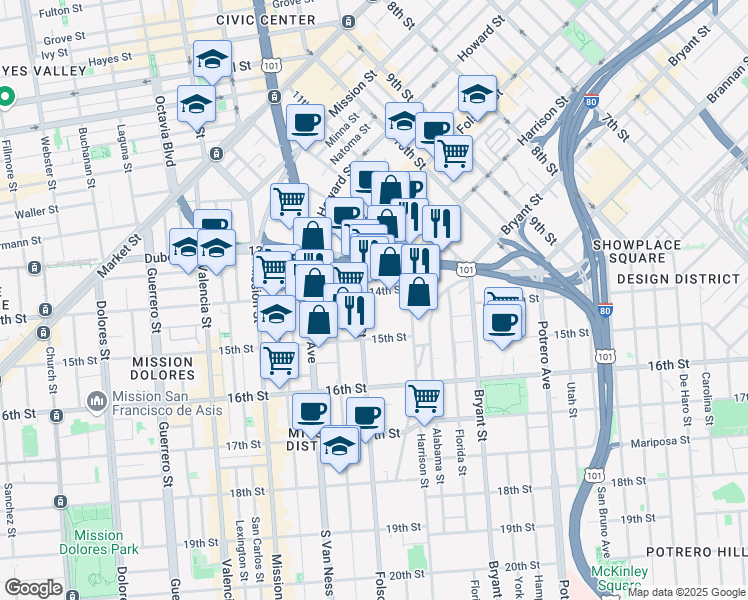 map of restaurants, bars, coffee shops, grocery stores, and more near 77 14th Street in San Francisco