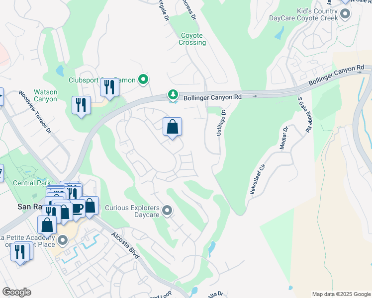 map of restaurants, bars, coffee shops, grocery stores, and more near 122 Eastridge Drive in San Ramon