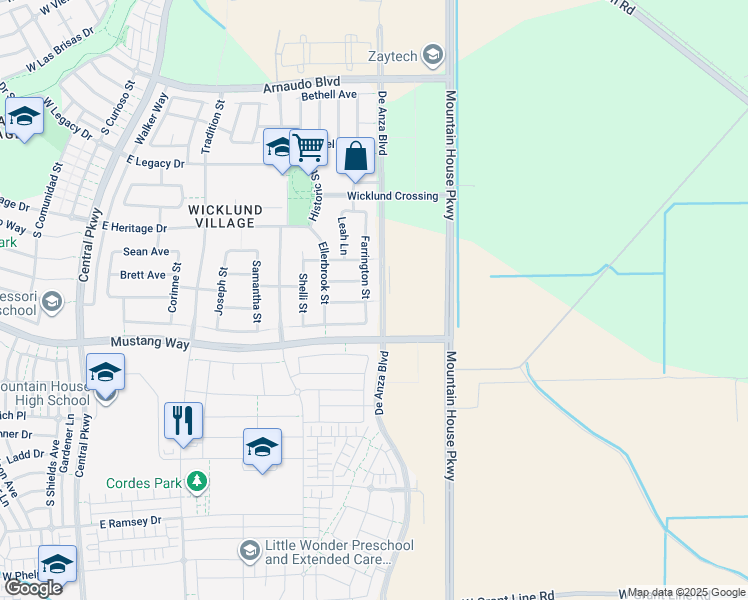 map of restaurants, bars, coffee shops, grocery stores, and more near 595 Burk Court in Mountain House