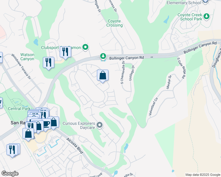 map of restaurants, bars, coffee shops, grocery stores, and more near 160 Eastridge Drive in San Ramon