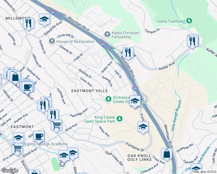 map of restaurants, bars, coffee shops, grocery stores, and more near 8016 Greenly Drive in Oakland
