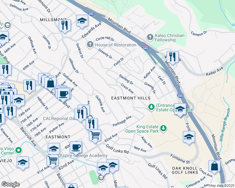 map of restaurants, bars, coffee shops, grocery stores, and more near 7883 Sunkist Drive in Oakland