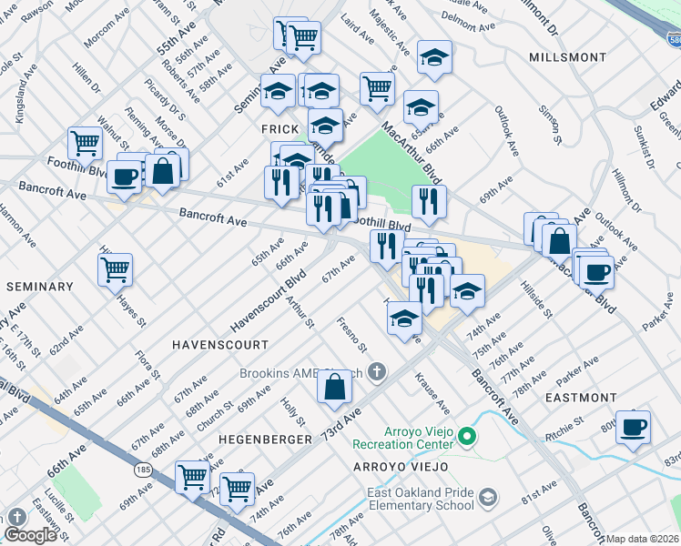 map of restaurants, bars, coffee shops, grocery stores, and more near 2731 68th Avenue in Oakland