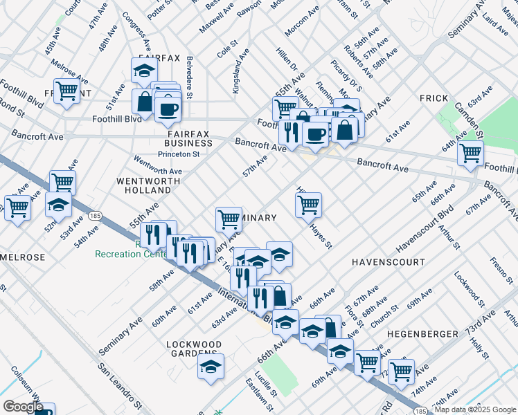 map of restaurants, bars, coffee shops, grocery stores, and more near in Oakland