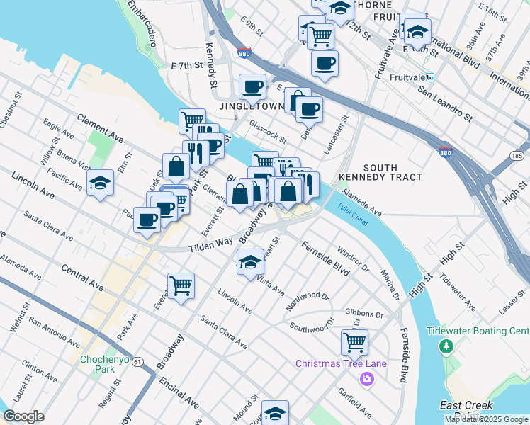 map of restaurants, bars, coffee shops, grocery stores, and more near 2601 Blanding Avenue in Alameda