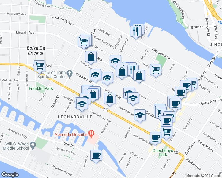 map of restaurants, bars, coffee shops, grocery stores, and more near 2025 Central Avenue in Alameda