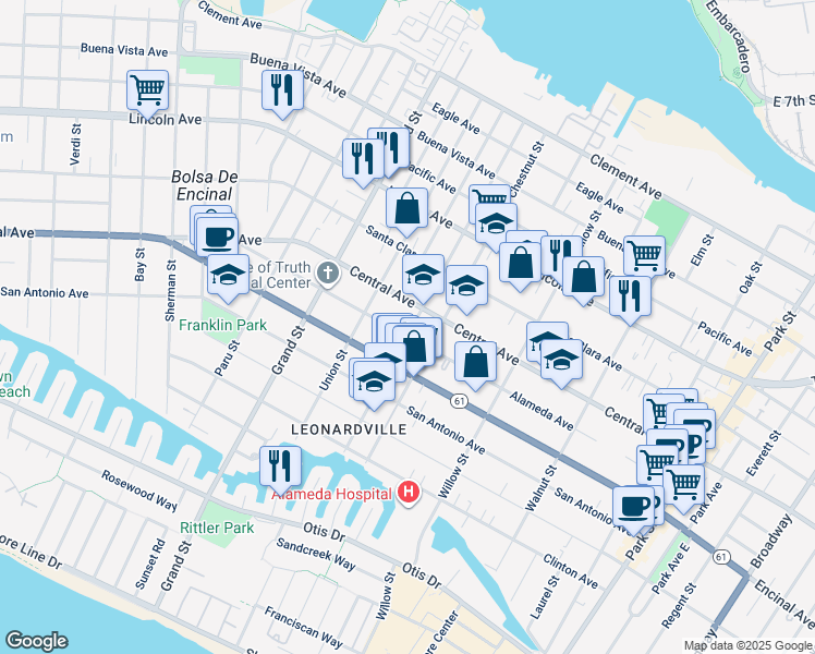 map of restaurants, bars, coffee shops, grocery stores, and more near 1831 Alameda Avenue in Alameda