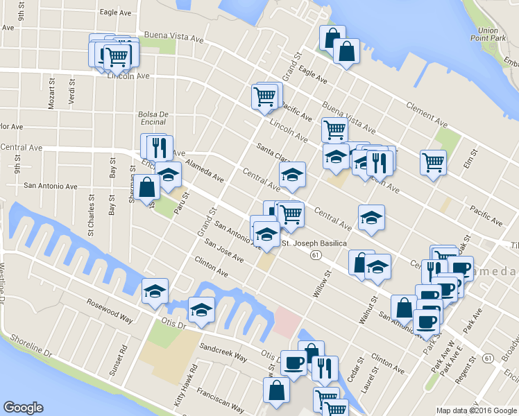 map of restaurants, bars, coffee shops, grocery stores, and more near 1220 Union Street in Alameda