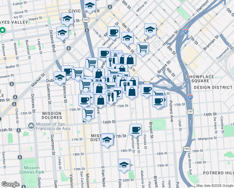 map of restaurants, bars, coffee shops, grocery stores, and more near in San Francisco