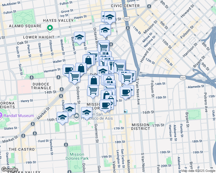 map of restaurants, bars, coffee shops, grocery stores, and more near in San Francisco
