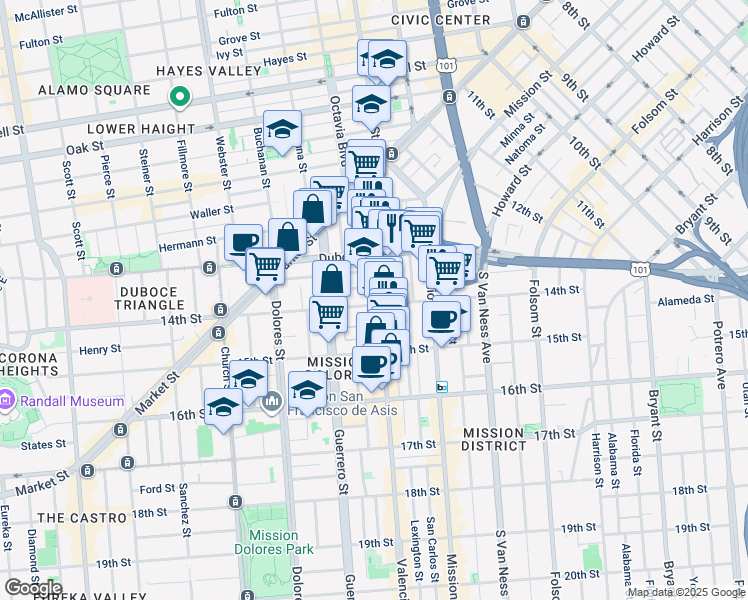 map of restaurants, bars, coffee shops, grocery stores, and more near in San Francisco