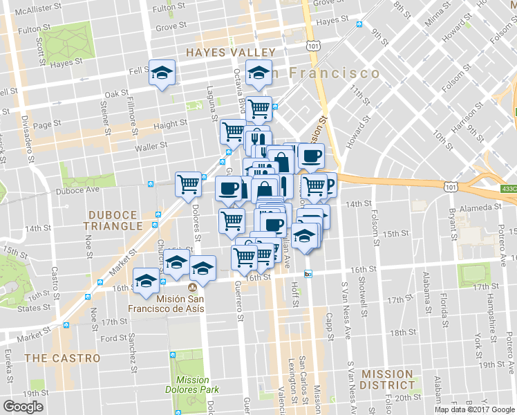map of restaurants, bars, coffee shops, grocery stores, and more near in San Francisco