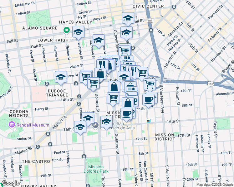 map of restaurants, bars, coffee shops, grocery stores, and more near 85B-B Brosnan Street in San Francisco