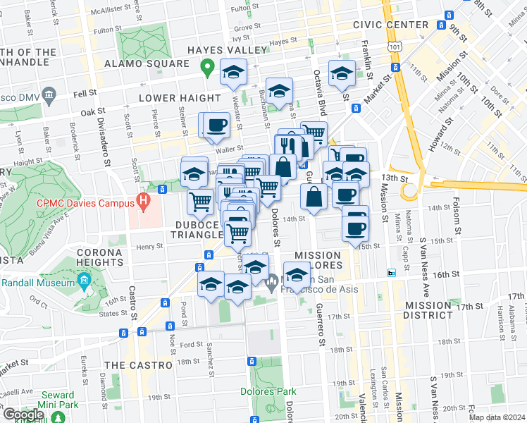 map of restaurants, bars, coffee shops, grocery stores, and more near 101 Dolores Street in San Francisco