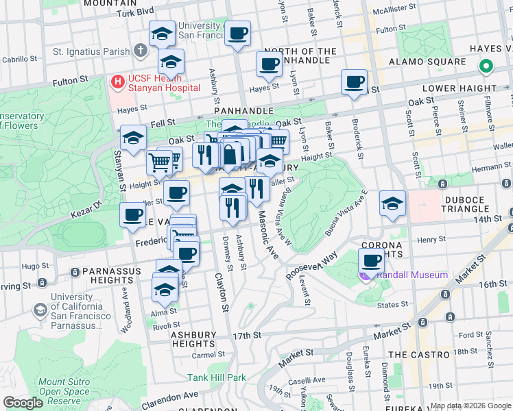 map of restaurants, bars, coffee shops, grocery stores, and more near 1345 Masonic Avenue in San Francisco
