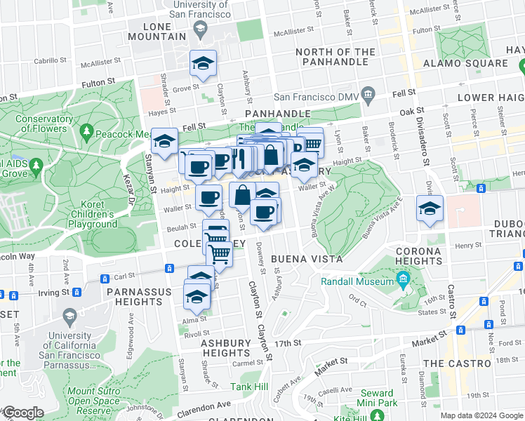 map of restaurants, bars, coffee shops, grocery stores, and more near 714 Ashbury Street in San Francisco
