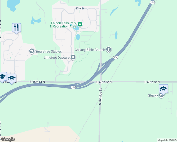 map of restaurants, bars, coffee shops, grocery stores, and more near 2724 East 45th Street North in Wichita